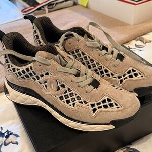 CHANEL Taupe and Black Mesh Sneakers